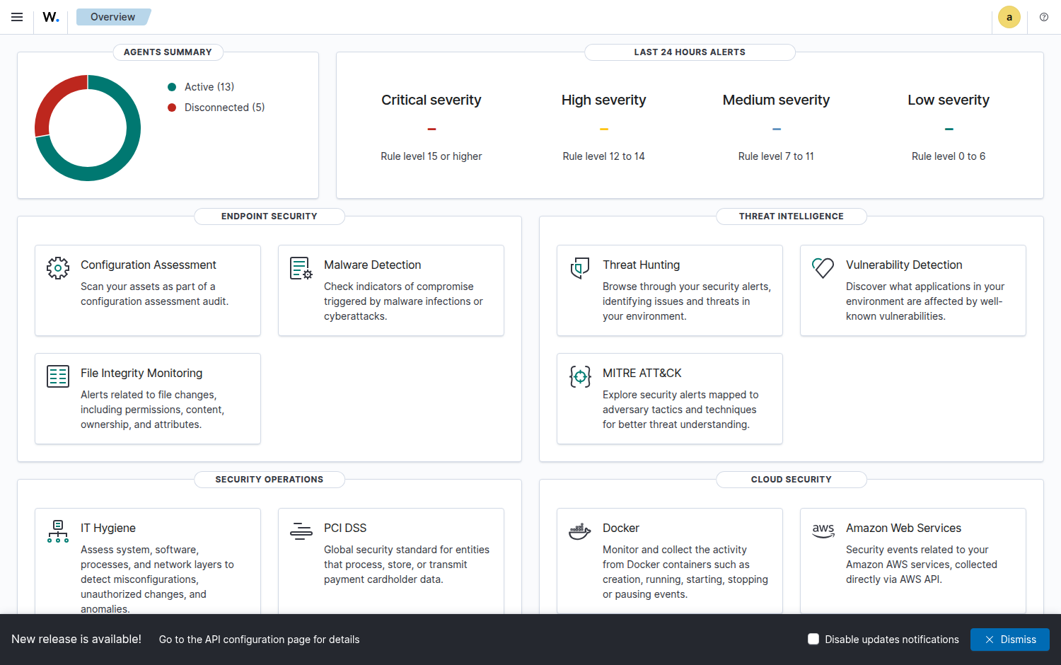 Wazuh dashboard overview showing agent fleet status and environment posture