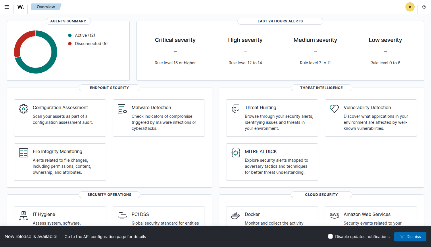 The live Wazuh console: agent fleet status and alert activity
